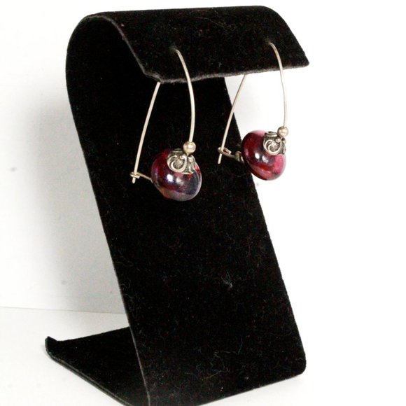 Sterling Silver Iridescent Cranberry Tumble Glass Long Dangle Earrings - Picture 3 of 8